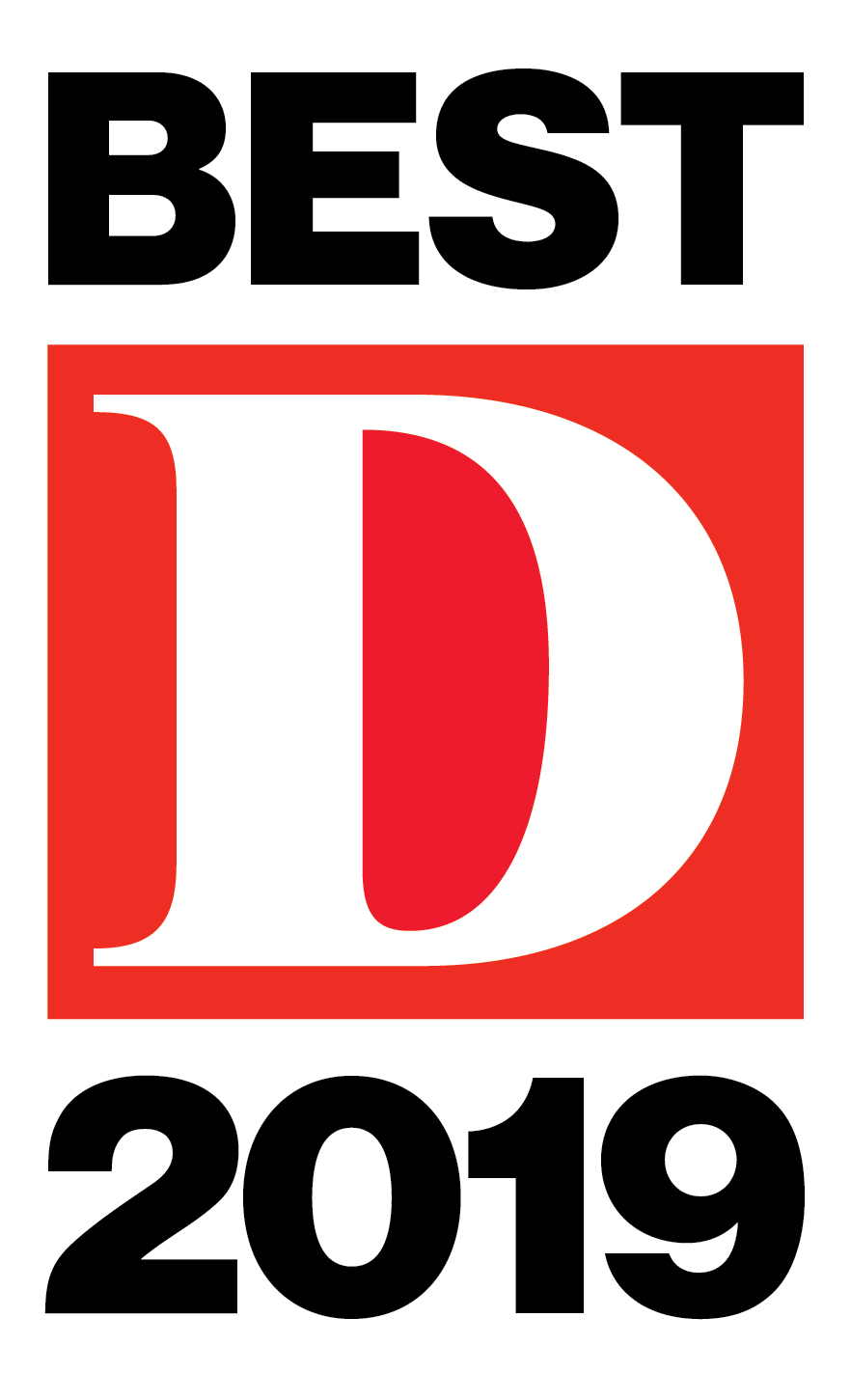The image shows a graphic with text that reads BEST at the top, followed by D inside a red circle with a white outline, and below it, 2019 in large white letters on a black background. Below this is another line of text that says BEST again, then D in a larger font size within a red square with a white border. The bottom part of the image features a checkered pattern with alternating squares of red and white, and there is a small graphic of a pen on the left side of this pattern. On the right side of the checkered pattern, there is a black background with white text that reads BEST at the top, followed by D in a large font size inside a red circle with a white outline, and below it, 2019 in a smaller font size. The overall style of the image suggests an award or recognition for 2019, possibly related to the letter D .