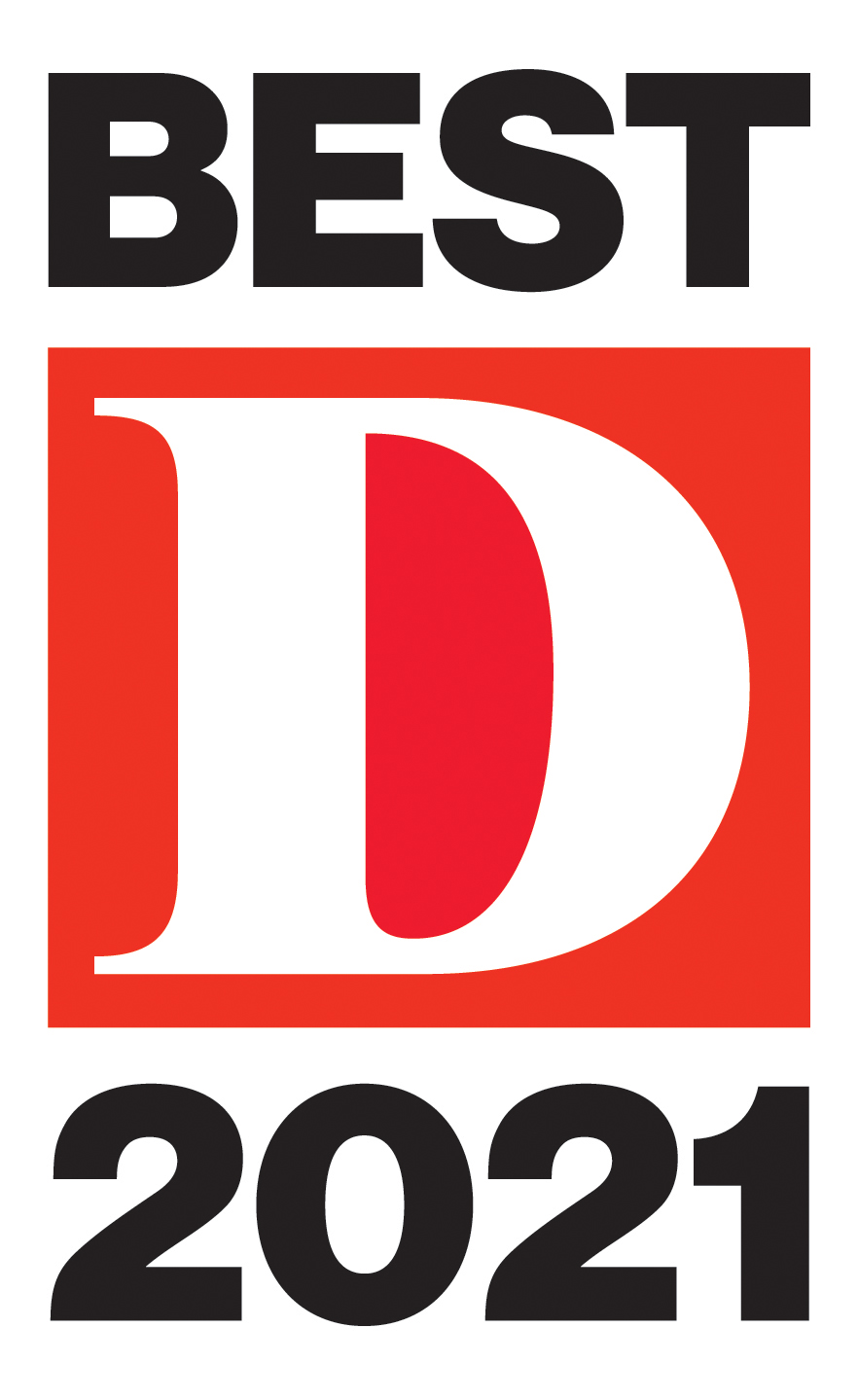 The image features a graphic design with text and a logo that reads BEST D 2021 in bold, capitalized letters, indicating recognition for the year 2021 within the context of the image. The background includes a red and white striped pattern and a partial view of a newspaper.